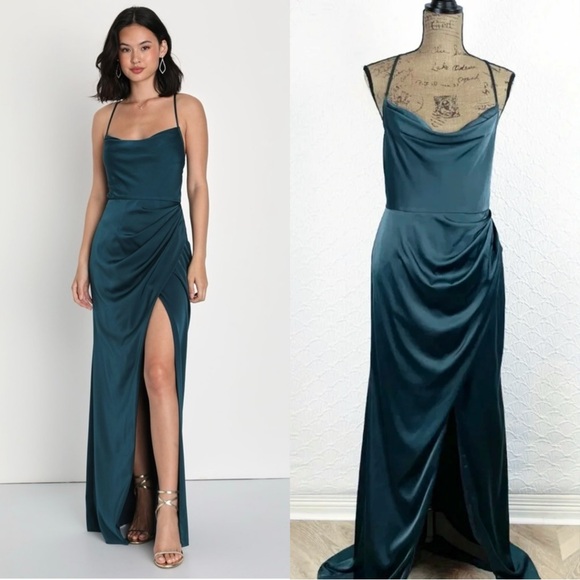 Lulus Dresses & Skirts - Sz M - NWOT Lulus Moments of Beauty Dark Teal Satin Cowl Neck Tulip Maxi Dress
